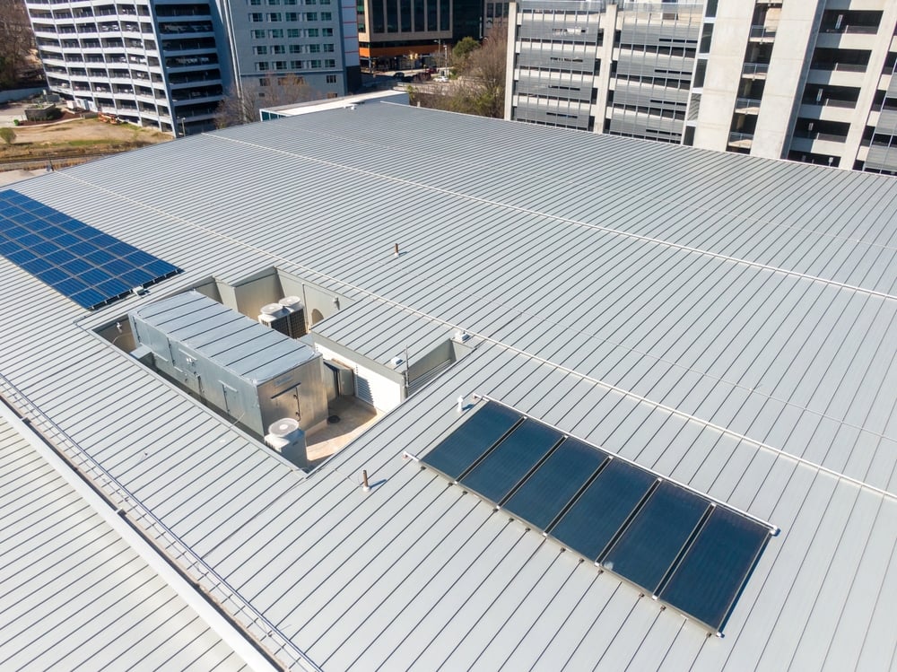 MetalRoofOnCommercialBuilding-Drone Metal Roof On Commercial Building